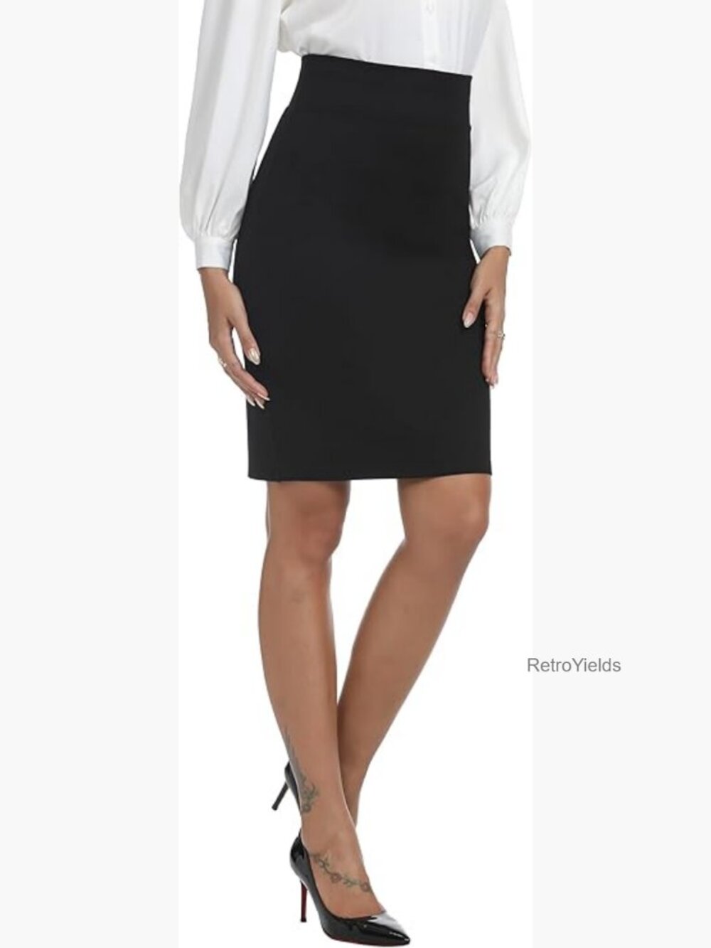High Waist Knee Length Bodycon Pencil Skirt Pull On Elastic Waist Work Business